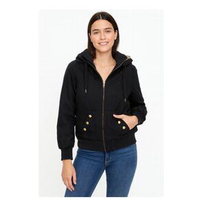 Juicy Couture Jacket Womens Medium Black Faux Fur Trim Hood Zip Gold Buttons